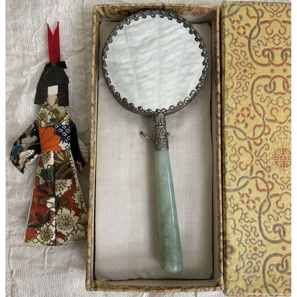 Vintage Hand Mirror Hand Painted Porcelain Jade Handle Vanity Set Green